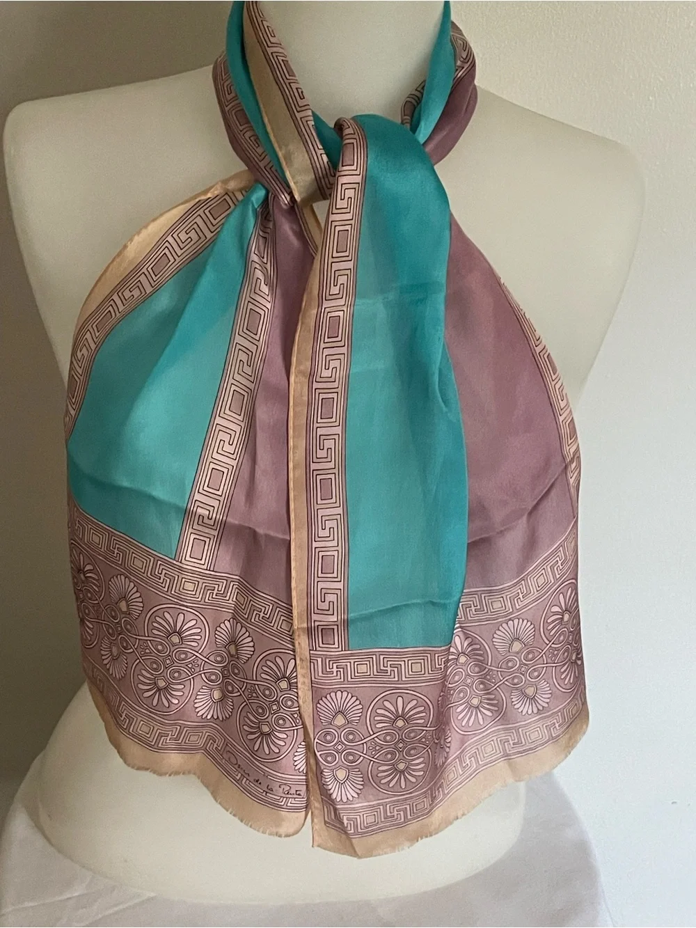 Vintage Oscar De la Renta 100% Silk Scarf Made in Japan Greek key Border READ